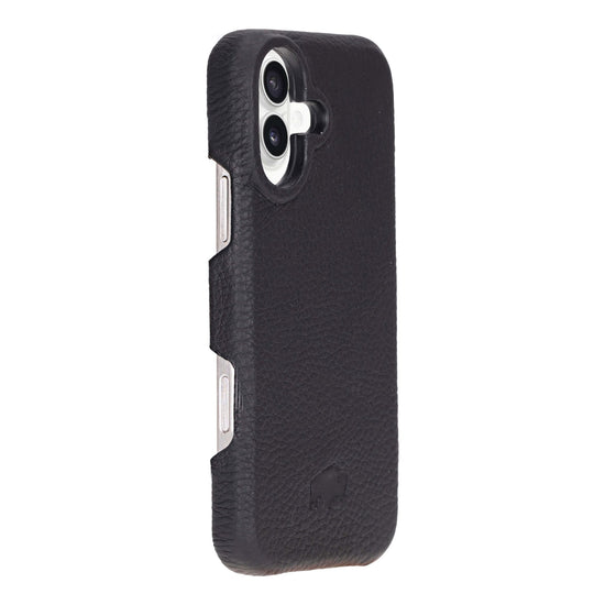 Mason Leather Snap On Case Pebble Black iPhone 16 slim black leather protective phone case