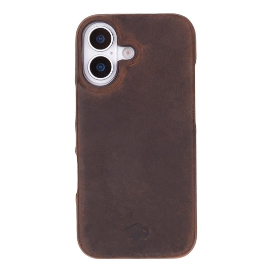 BlackBrook Mason Leather Snap On Case Distressed Coffee for iPhone 17 with raised lip protection and case-friendly fit.