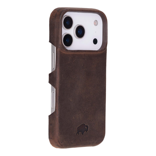 Mason Leather Snap On Case Distressed Coffee iPhone 17 Pro handcrafted full grain leather slim protective case with natural patina and MagSafe compatibility