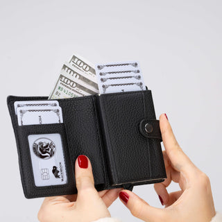 Max Slide Secure: RFID-Protected Wallet with Slide-Out Card, Cash Pocket & ID Slot, Pebble Black - BlackBrook Case