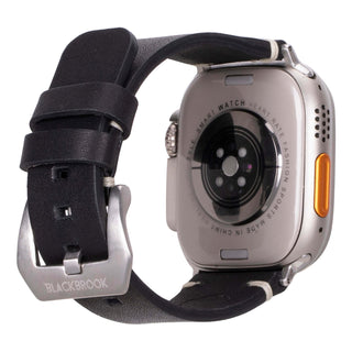 Modern Newport Leather Band – Apple Watch Ultra 49 mm (Distressed Black, Silver Hardware) - BlackBrook Case