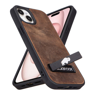 Reed Leather Snap‑On Case with Stand – iPhone 15 Plus, Distressed Coffee - BlackBrook Case