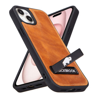 Reed Leather Snap‑On Case with Stand – iPhone 15 Plus, Golden Brown - BlackBrook Case