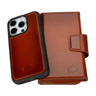 Tudor Tri-Fold Leather Wallet Case – iPhone 15 Pro, Burnished Tan - BlackBrook Case