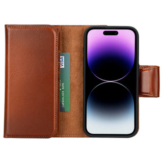 Tudor Tri-Fold Leather Wallet Case – iPhone 15 Pro, Burnished Tan - BlackBrook Case