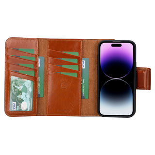 Tudor Tri-Fold Leather Wallet Case – iPhone 15 Pro, Burnished Tan - BlackBrook Case