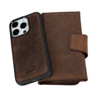 Tudor Tri-Fold Leather Wallet Case – iPhone 15 Pro, Distressed Coffee - BlackBrook Case