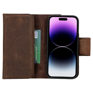 Tudor Tri-Fold Leather Wallet Case – iPhone 15 Pro, Distressed Coffee - BlackBrook Case