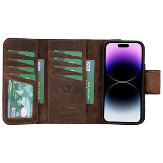 Tudor Tri-Fold Leather Wallet Case – iPhone 15 Pro, Distressed Coffee - BlackBrook Case