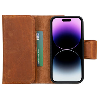 Tudor Tri-Fold Leather Wallet Case – iPhone 15 Pro, Golden Brown - BlackBrook Case