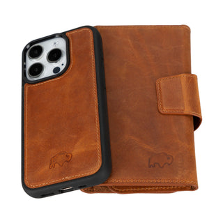 Tudor Tri-Fold Leather Wallet Case – iPhone 15 Pro, Golden Brown - BlackBrook Case