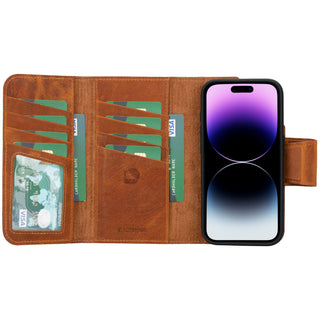 Tudor Tri-Fold Leather Wallet Case – iPhone 15 Pro, Golden Brown - BlackBrook Case
