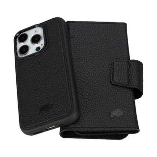 Tudor Tri-Fold Leather Wallet Case – iPhone 15 Pro, Pebble Black - BlackBrook Case