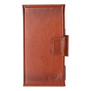 iPhone 16 Plus Leather Wallet Case - Tudor 2 - in - 1 Tri - Fold Folio, Burnished Tan - BlackBrook Case