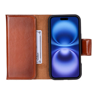 iPhone 16 Plus Leather Wallet Case - Tudor 2 - in - 1 Tri - Fold Folio, Burnished Tan - BlackBrook Case