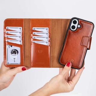 iPhone 16 Plus Leather Wallet Case - Tudor 2 - in - 1 Tri - Fold Folio, Burnished Tan - BlackBrook Case
