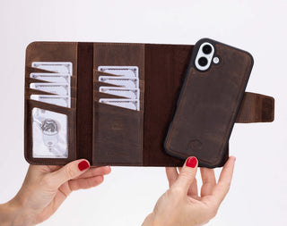 iPhone 16 Plus Leather Wallet Case - Tudor 2 - in - 1 Tri - Fold Folio, Distressed Coffee - BlackBrook Case