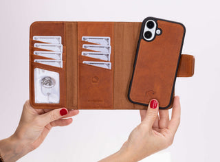 iPhone 16 Plus Leather Wallet Case - Tudor 2 - in - 1 Tri - Fold Folio, Golden Brown - BlackBrook Case