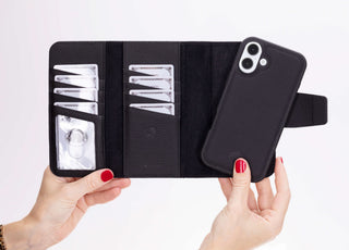 iPhone 16 Plus Leather Wallet Case - Tudor 2 - in - 1 Tri - Fold Folio, Pebble Black - BlackBrook Case