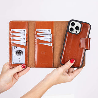 iPhone 16 Pro Leather Wallet Case - Tudor 2 - in - 1 Tri - Fold Folio, Burnished Tan - BlackBrook Case