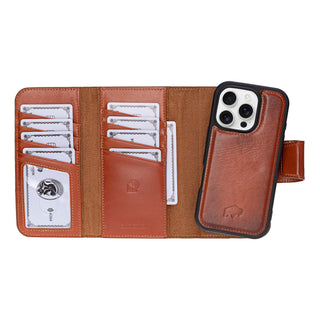 iPhone 16 Pro Leather Wallet Case - Tudor 2 - in - 1 Tri - Fold Folio, Burnished Tan - BlackBrook Case