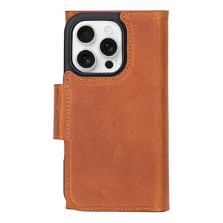 iPhone 16 Pro Leather Wallet Case - Tudor 2 - in - 1 Tri - Fold Folio, Golden Brown - BlackBrook Case