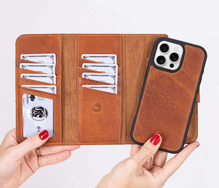 iPhone 16 Pro Leather Wallet Case - Tudor 2 - in - 1 Tri - Fold Folio, Golden Brown - BlackBrook Case