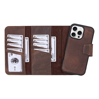 Tudor Tri-Fold Leather Wallet Case – iPhone 16 Pro Max, Distressed Coffee - BlackBrook Case
