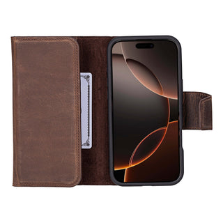 Tudor Tri-Fold Leather Wallet Case – iPhone 16 Pro Max, Distressed Coffee - BlackBrook Case