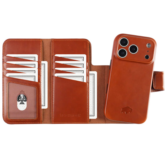Tudor Trifold Detachable Leather Wallet Case Burnished Tan iPhone 17 Pro premium trifold leather wallet case with detachable cover and card storage