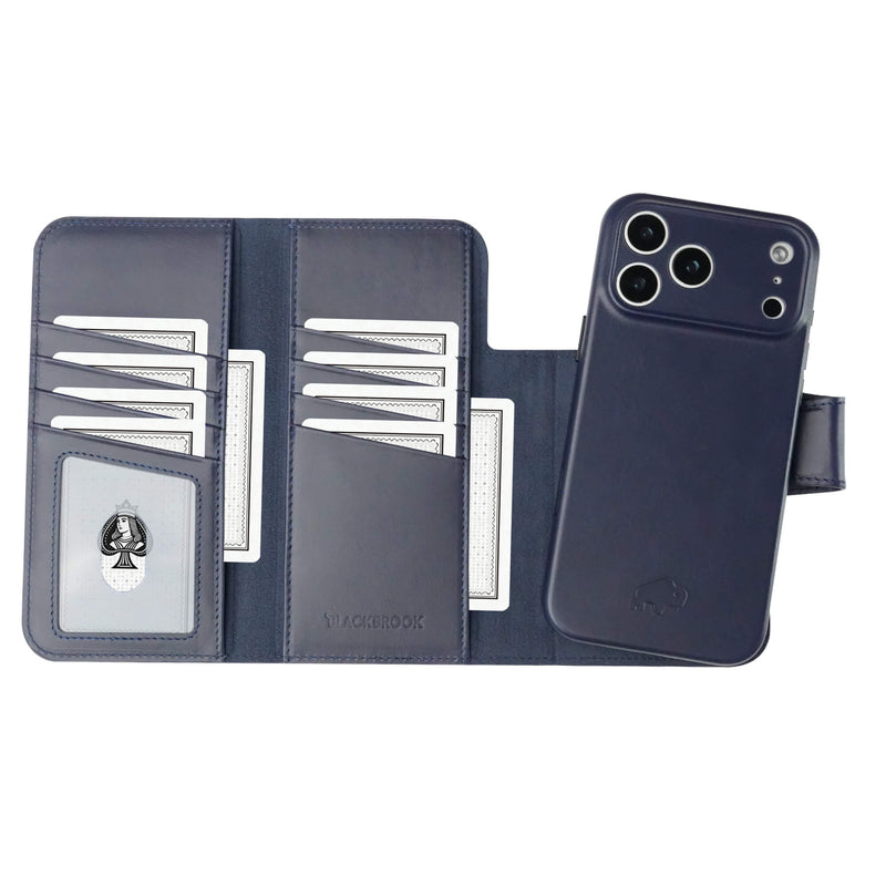 iPhone 17 Pro Leather Wallet Case - Tudor 2 - in - 1 Tri - Fold Folio, Deep Blue - BlackBrook Case