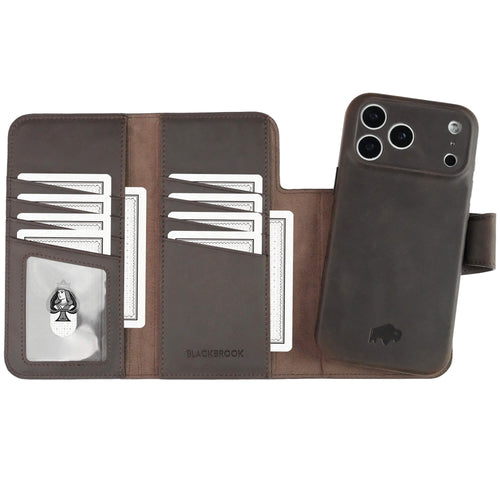Tudor Trifold Detachable Leather Wallet Case Distressed Coffee for iPhone 17 Pro Max with full-grain leather and detachable wallet design