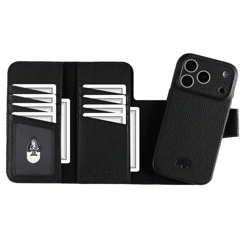 iPhone 18 Pro Leather Wallet Case - Tudor 2 - in - 1 Tri - Fold Folio, Pebble Black - BlackBrook Case