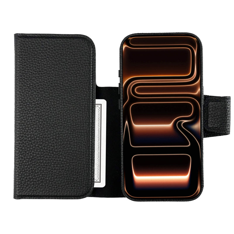 iPhone 18 Pro Leather Wallet Case - Tudor 2 - in - 1 Tri - Fold Folio, Pebble Black - BlackBrook Case