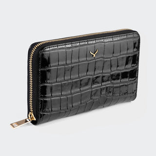 Venezia Women’s Croco Large Leather Wallet with Triple Compartments – Mapi Edition, Black - Mapi