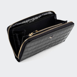 Venezia Women’s Croco Large Leather Wallet with Triple Compartments – Mapi Edition, Black - Mapi