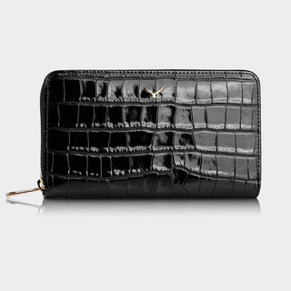 Venezia Women’s Croco Large Leather Wallet with Triple Compartments – Mapi Edition, Black - Mapi
