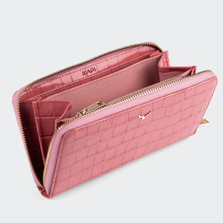Venezia Women’s Croco Large Leather Wallet with Triple Compartments – Mapi Edition, Pink - Mapi