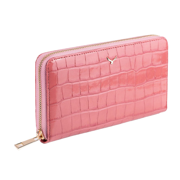 Venezia Women’s Croco Large Leather Wallet with Triple Compartments – Mapi Edition, Pink