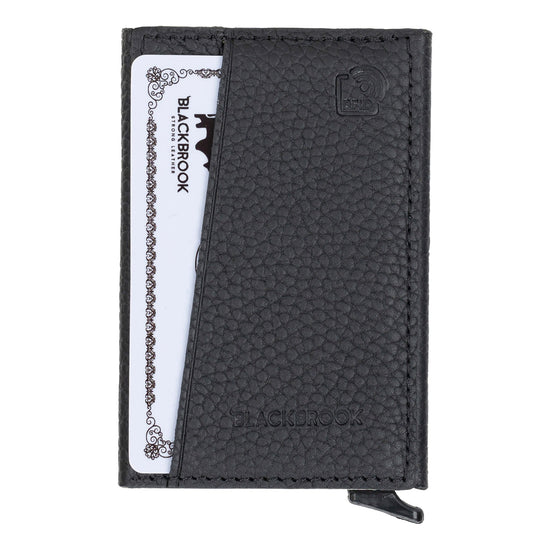 Blackbrook Bond slim wallet in black leather, shown with cards inside and a close-up of the pull tab.