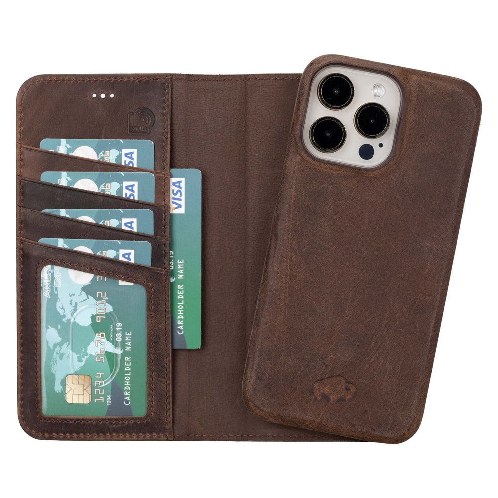 Custodia IPhone 13 Pro In Pelle Vintage Con Portacarte E Supporto – Burkley – Protezione RFID – Nero