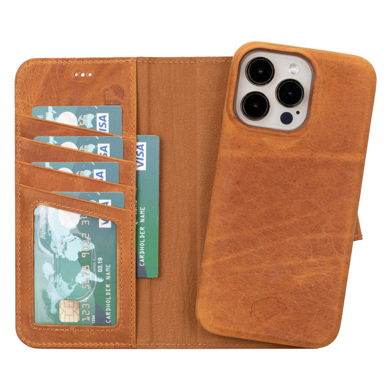 iPhone 15 Pro Max Leather Wallet Case - Burkley Classic 2-in-1 Detachable Folio, Golden Brown - BlackBrook Case