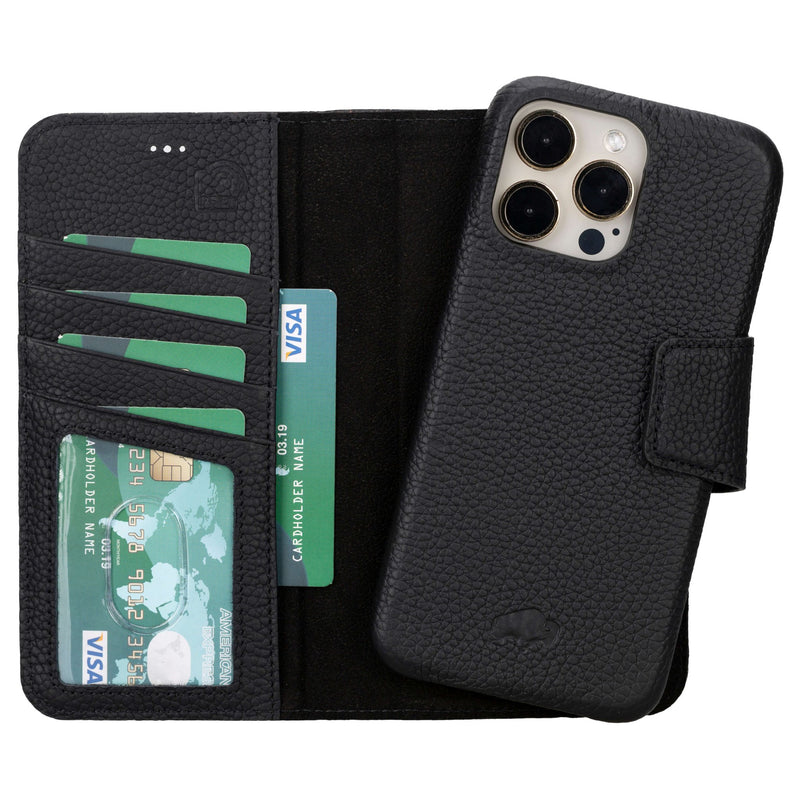 iPhone 15 Pro Max Leather Wallet Case - Burkley Classic 2-in-1 Detachable Folio, Pebble Black - BlackBrook Case