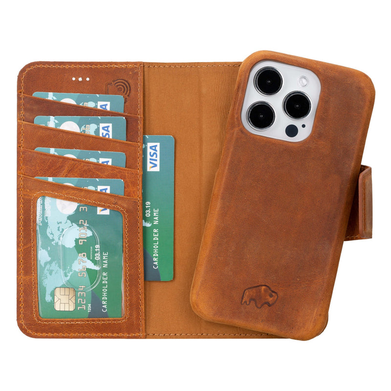 iPhone 15 Pro Leather Wallet Case - Burkley Classic 2-in-1 Detachable Folio, Golden Brown - BlackBrook Case