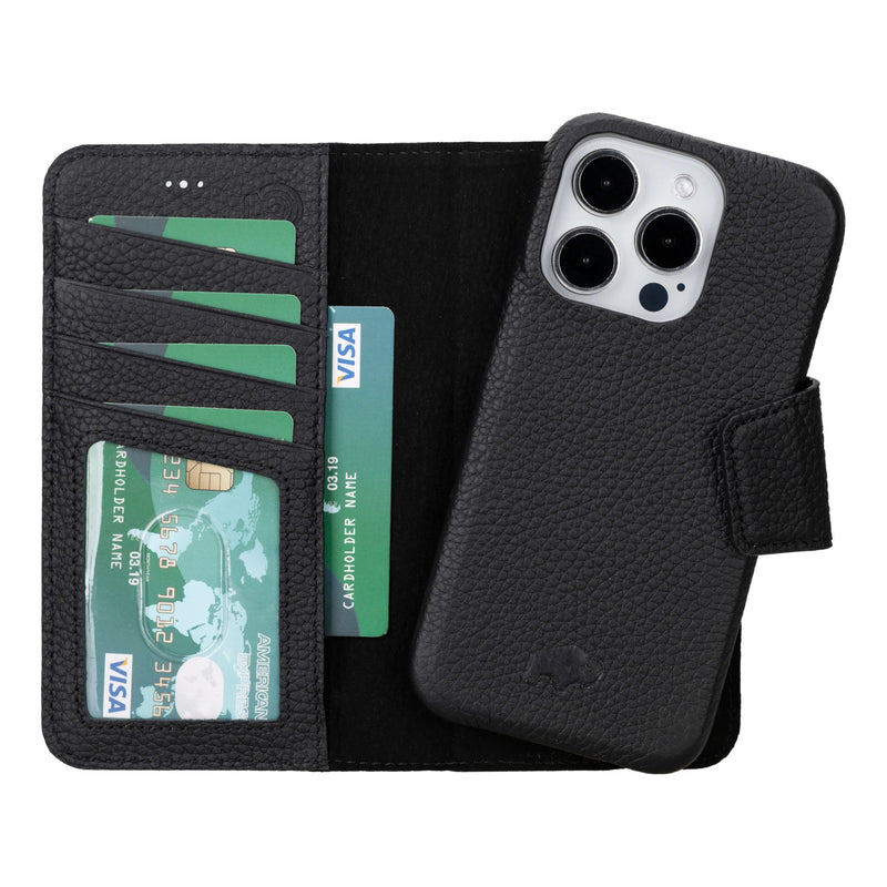 iPhone 15 Pro Leather Wallet Case - Burkley Classic 2-in-1 Detachable Folio, Pebble Black - BlackBrook Case