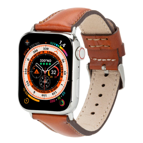Classic Leather Band Burnished Tan with Silver  Hardware for Apple Watch 44mm full-grain leather replacement strap