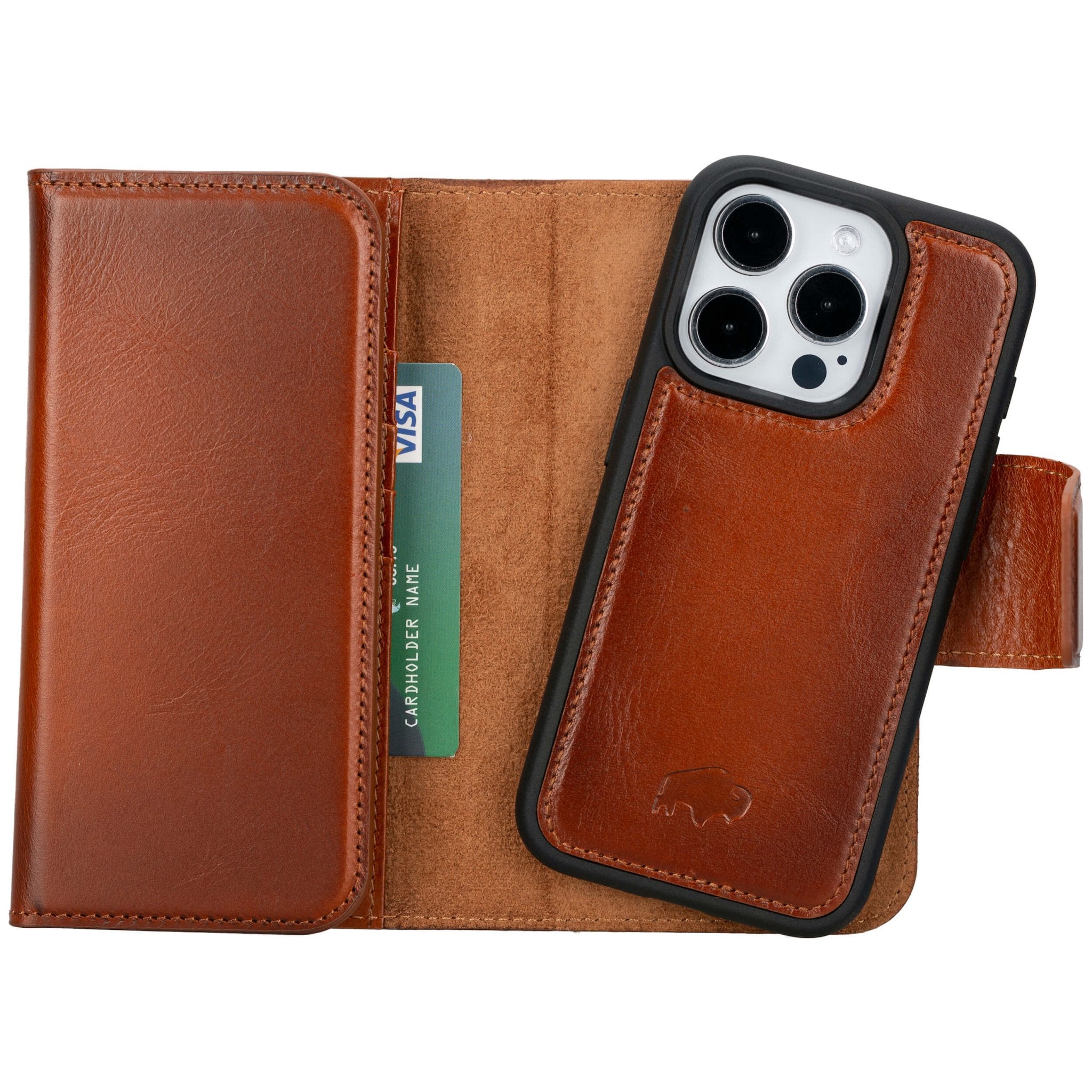 iPhone 15 Pro Leather Wallet Case - Tudor 2-in-1 Tri-Fold Folio, Burnished Tan iPhone 15 Pro Leather Wallet Case - Tudor 2-in-1 Tri-Fold Folio, Burnished Tan