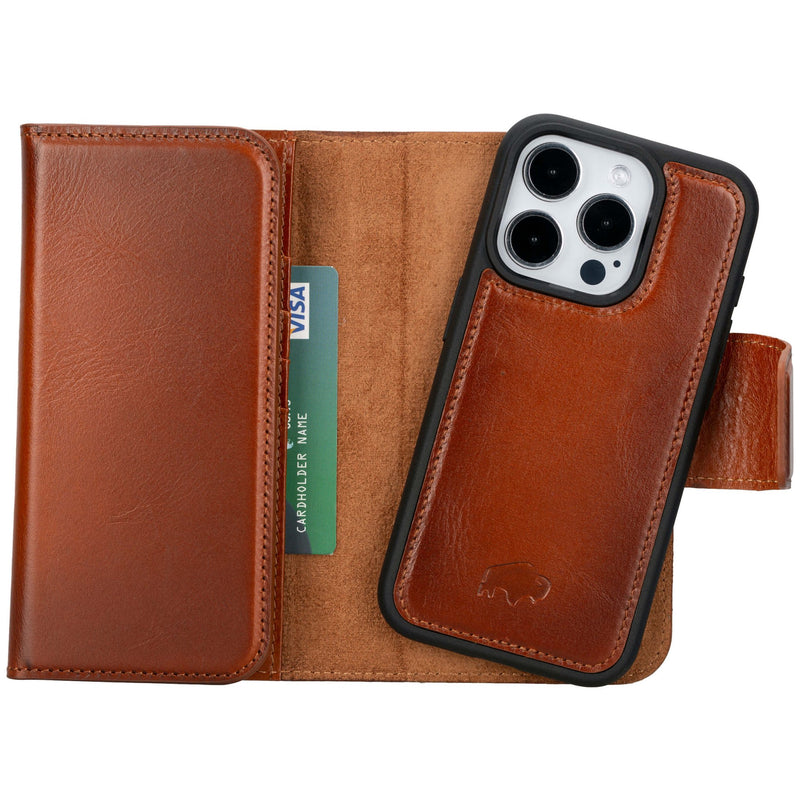 iPhone 15 Pro Leather Wallet Case - Tudor 2 - in - 1 Tri - Fold Folio, Burnished Tan - BlackBrook Case