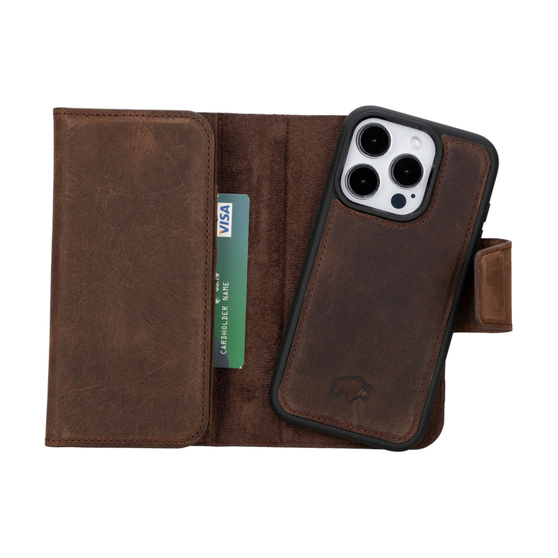 iPhone 15 Pro Leather Wallet Case - Tudor 2 - in - 1 Tri - Fold Folio, Distressed Coffee - BlackBrook Case