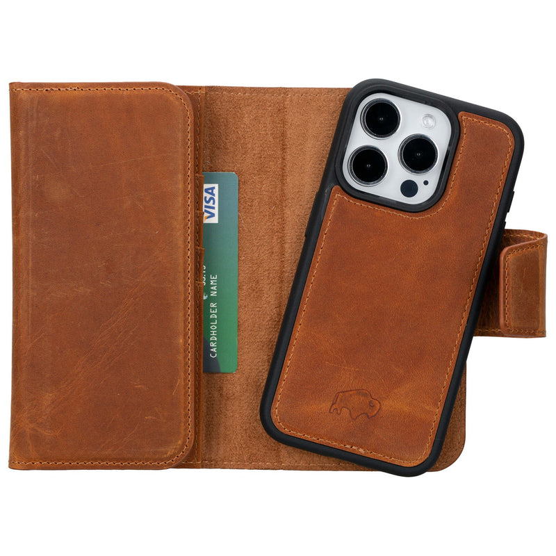 iPhone 15 Pro Leather Wallet Case - Tudor 2 - in - 1 Tri - Fold Folio, Golden Brown - BlackBrook Case